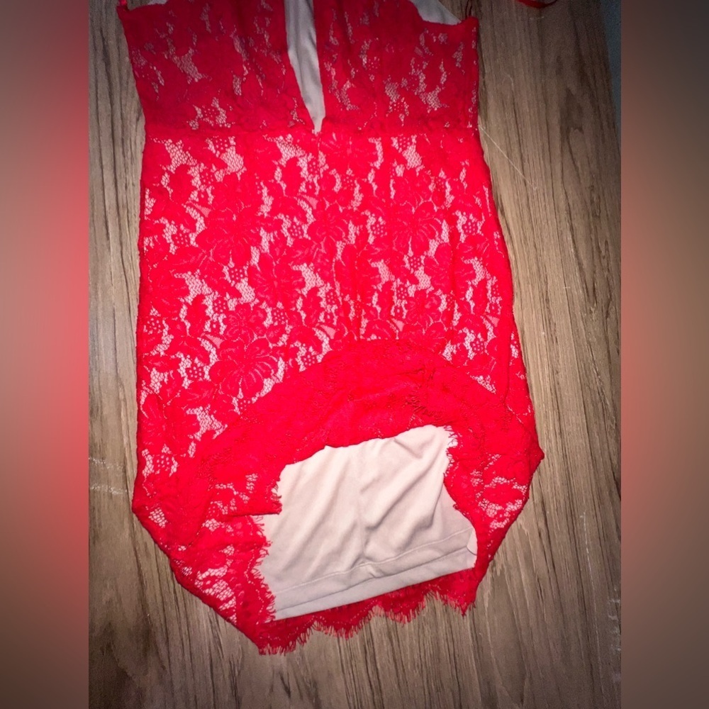 Sans Souci Red Lace Sleeveless Halter Open Back Fully Lined Dress - Picture 10 of 11